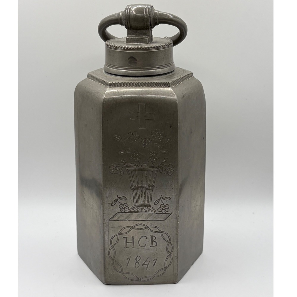 Antique 1841 Engraved Pewter Hexagonal Flask Canister HCB Floral Cross 19th C